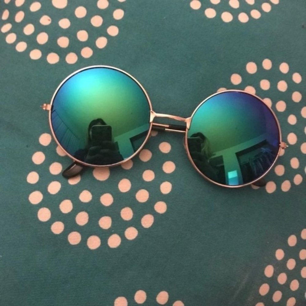 Teal Gold Circle Round Mirror Sunglasses